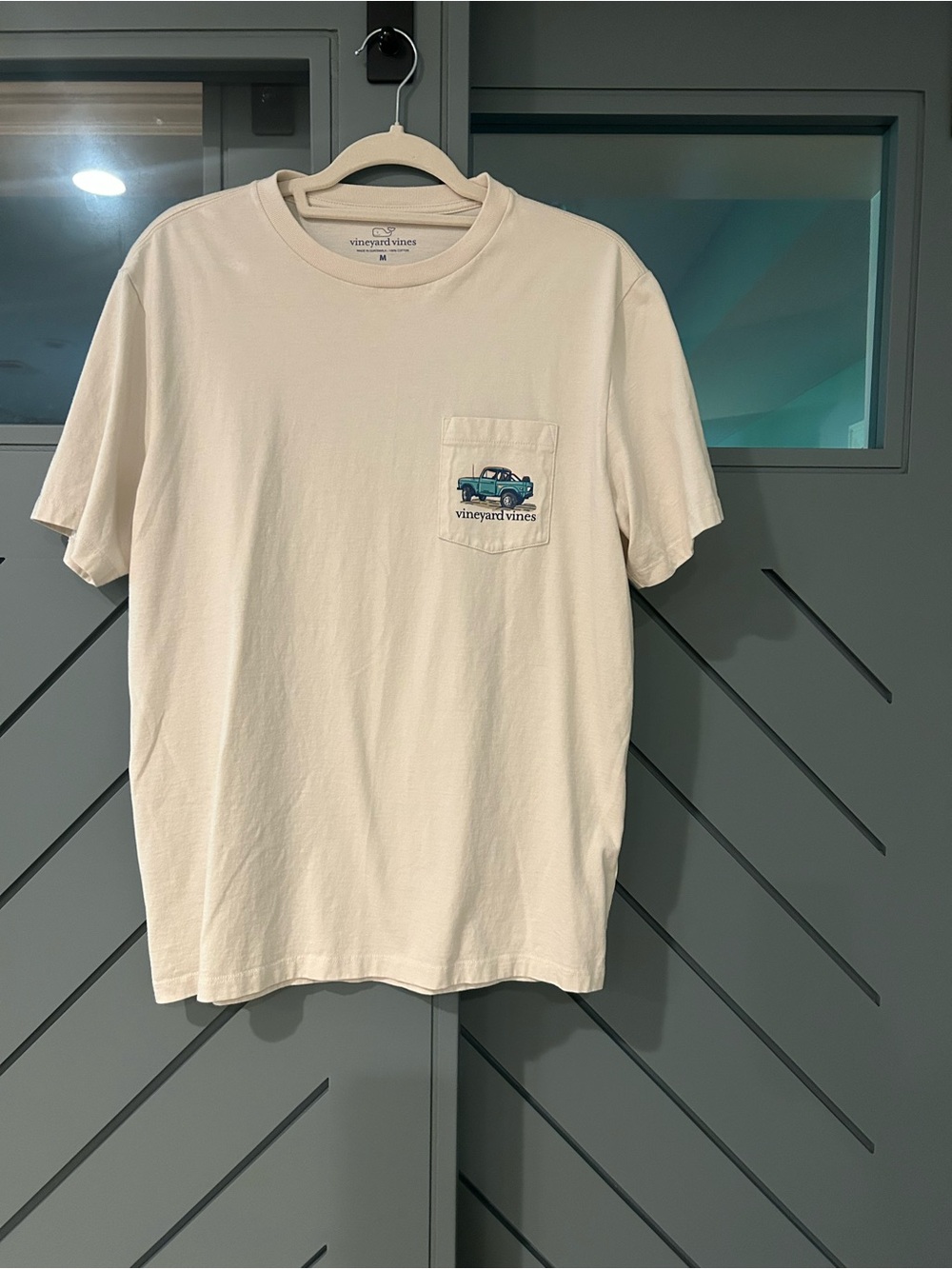 Vineyard Vines Cream Short-Sleeve Pocket Tee with Blue Truck Graphic